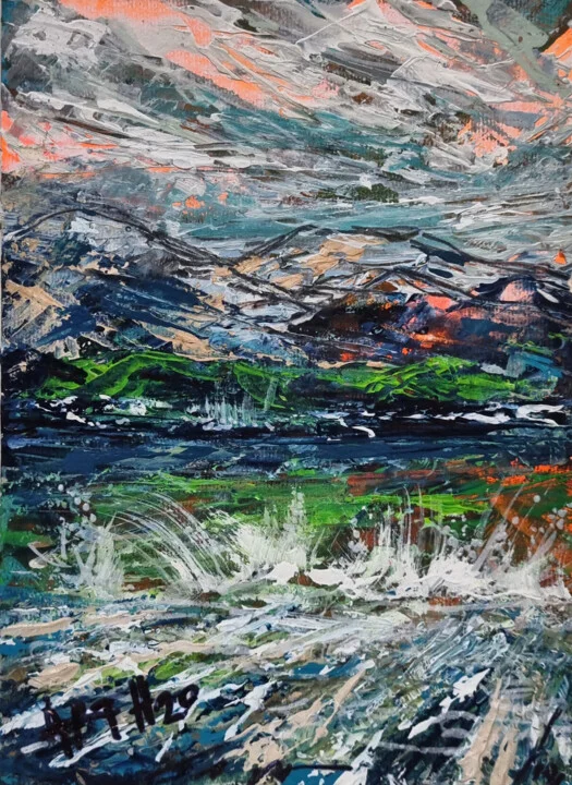 Click to view in high resolution Navy and Coral Abstract Waves at Dusk