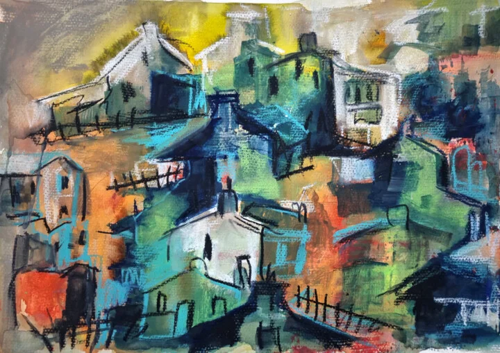 Click to view in high resolution Vivid Turquoise and Earthy Hillside Village