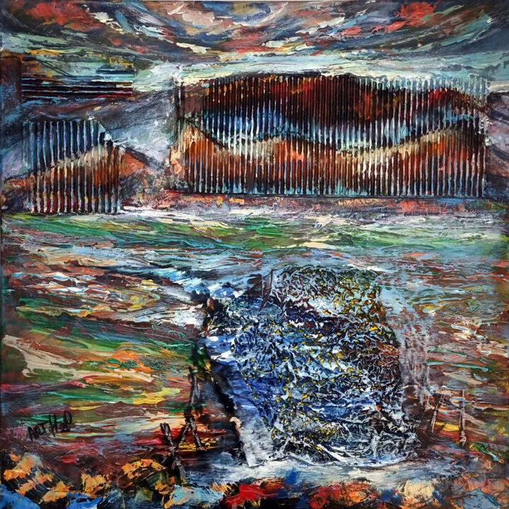 Click to view in high resolution Rust and Blue Abstract Coastal Scene