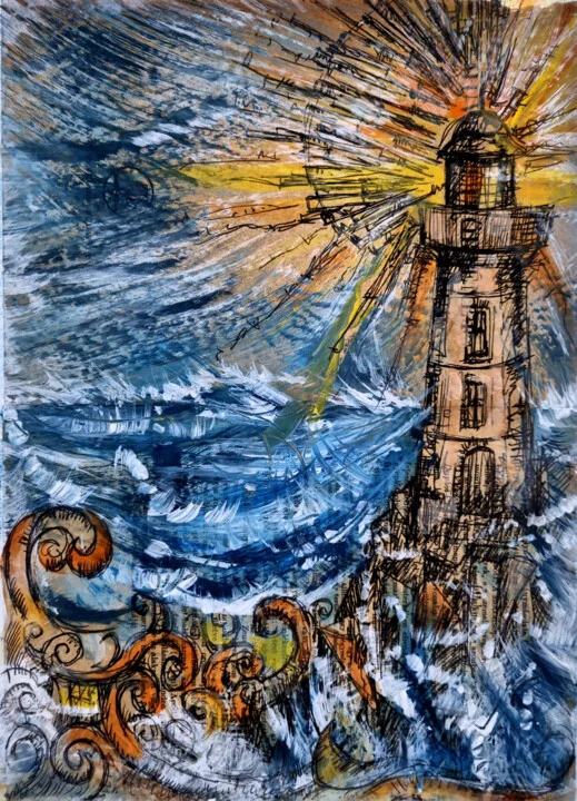 Click to view in high resolution Tempestuous Lighthouse in Ink and Acrylic