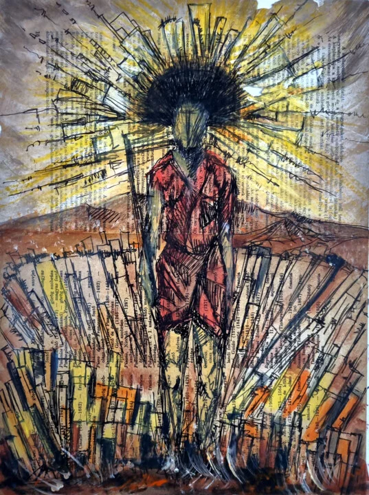 Click to view in high resolution Red Figure Against Earthy Textured Background