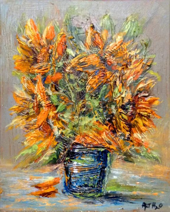 Click to view in high resolution Dynamic Sunflowers in Blue Vase