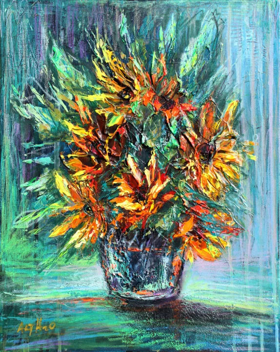 Click to view in high resolution Energetic Floral Burst in Blue Vase