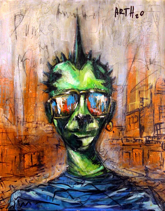 Click to view in high resolution Vivid Green Punk Portrait Against Urban Backdrop