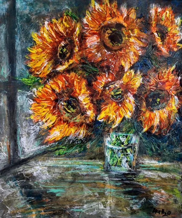 Click to view in high resolution Textured Sunflowers in Glass