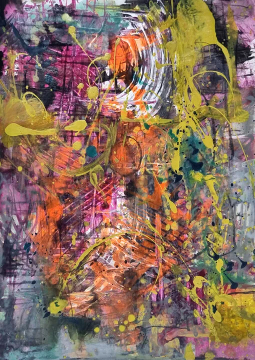 Click to view in high resolution Electrifying Urban Chaos in Magenta and Gold