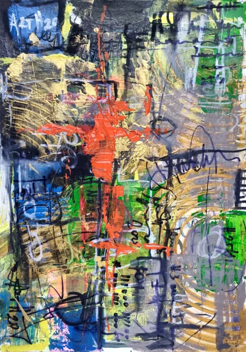 Click to view in high resolution Dynamic Gold and Red Abstract with Urban Vibes