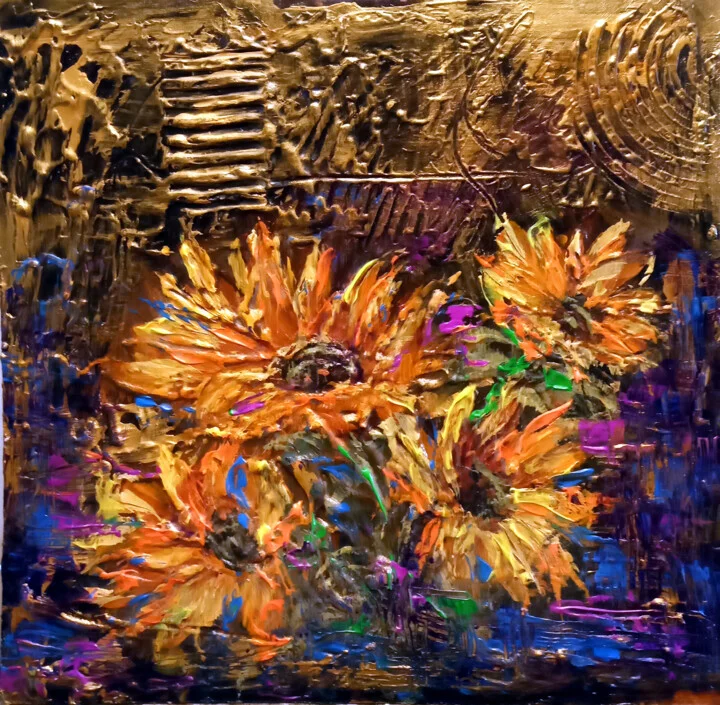Click to view in high resolution Golden Sunflowers in Acrylic Impasto