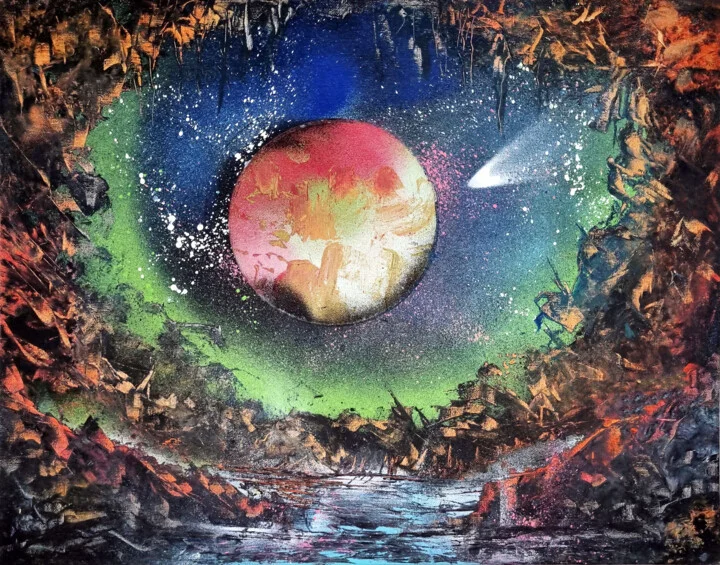 Click to view in high resolution Cosmic Cave with Red Planet and Comet