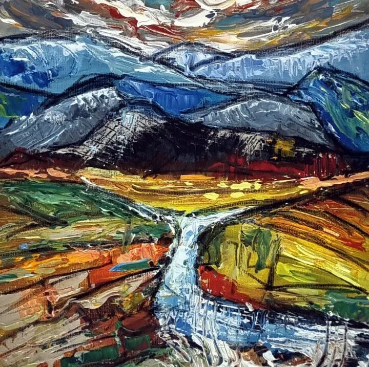 Click to view in high resolution Cool Blue and Ochre Irish Stream Landscape