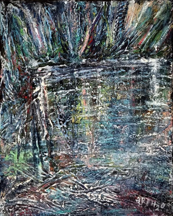 Click to view in high resolution Teal Reflections in Mixed Media Forest Stream