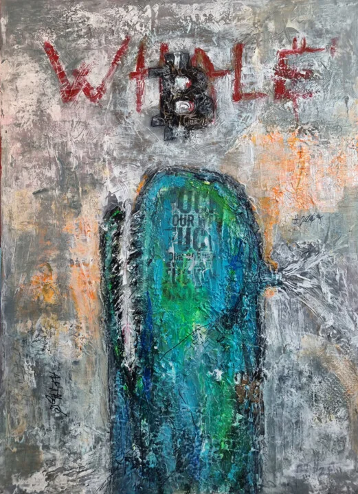 Click to view in high resolution Teal Bitcoin Whale in Graffiti Style, Acrylic Art