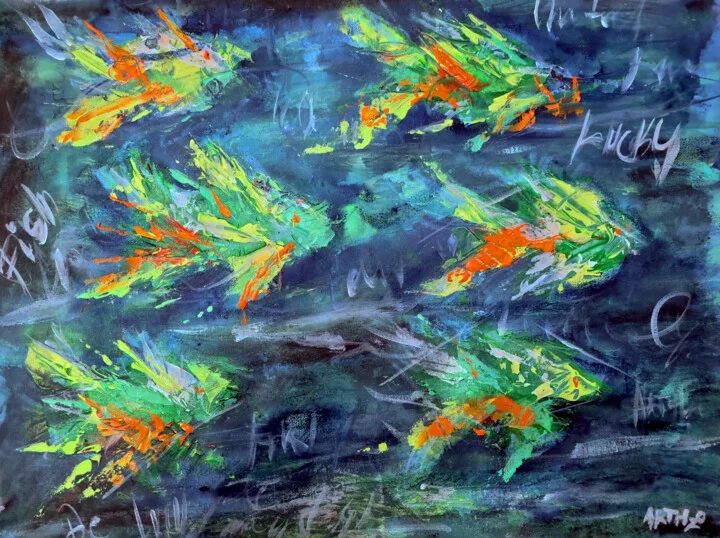 Click to view in high resolution Neon School of Lucky Fish, Acrylic Expressionism