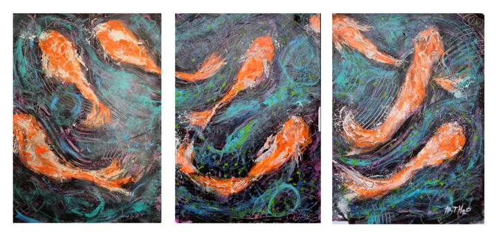 Click to view in high resolution Vibrant Koi Triptych, Acrylic on Paper