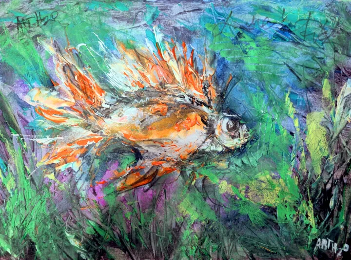 Click to view in high resolution Golden Koi in a Singular Journey, A3 Acrylic Art