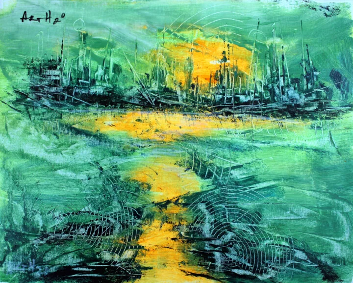 Click to view in high resolution Emerald City Sunset, Urban Seascape in Acrylic