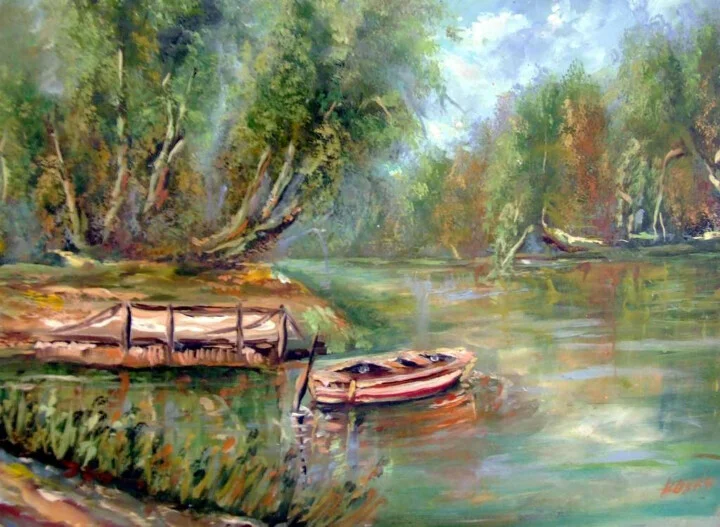 Click to view in high resolution Serene Riverbank Rowboat