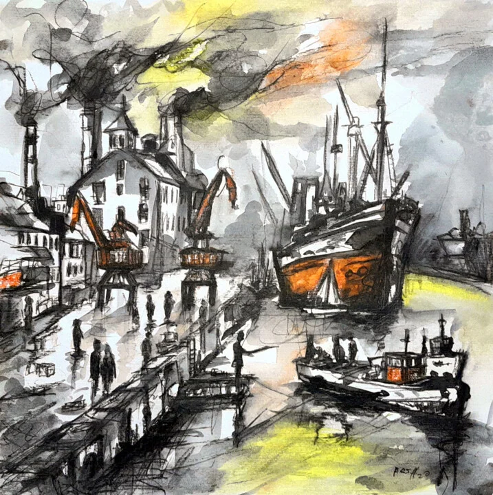 Click to view in high resolution Yellow-Tinged Dockyard Scene in Acrylic