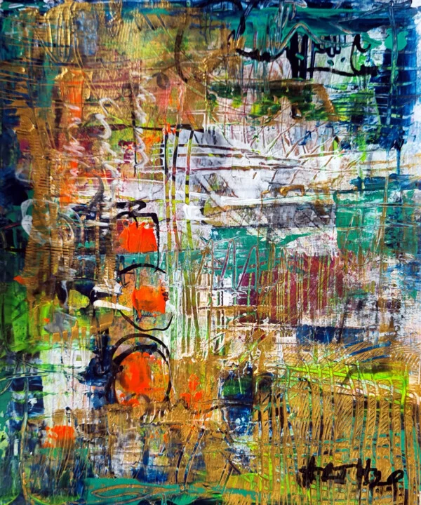 Click to view in high resolution Abstract Grid in Blue and Gold Acrylic