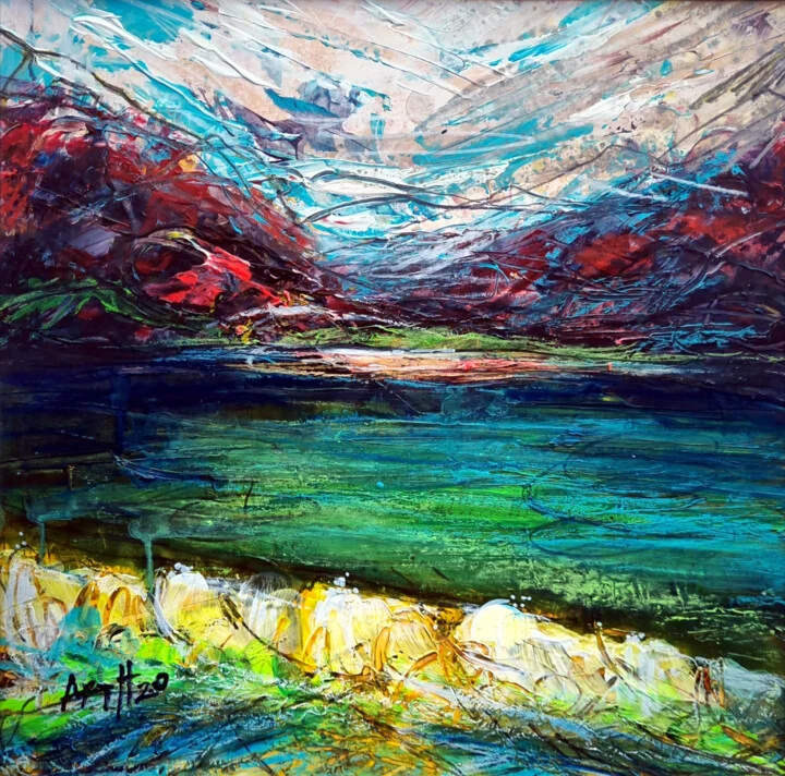 Click to view in high resolution Emerald Sea and Red Mountains Study