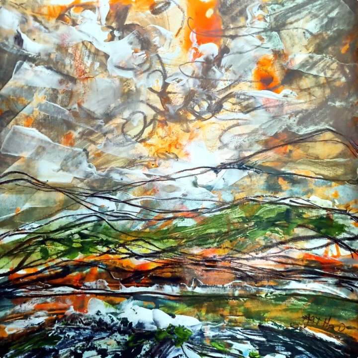 Click to view in high resolution Fiery Orange and Green Abstract Landscape