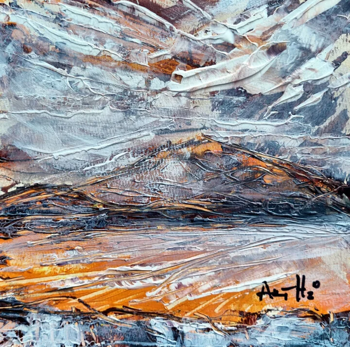 Click to view in high resolution Gray and Ochre Mountain Abstract Impasto