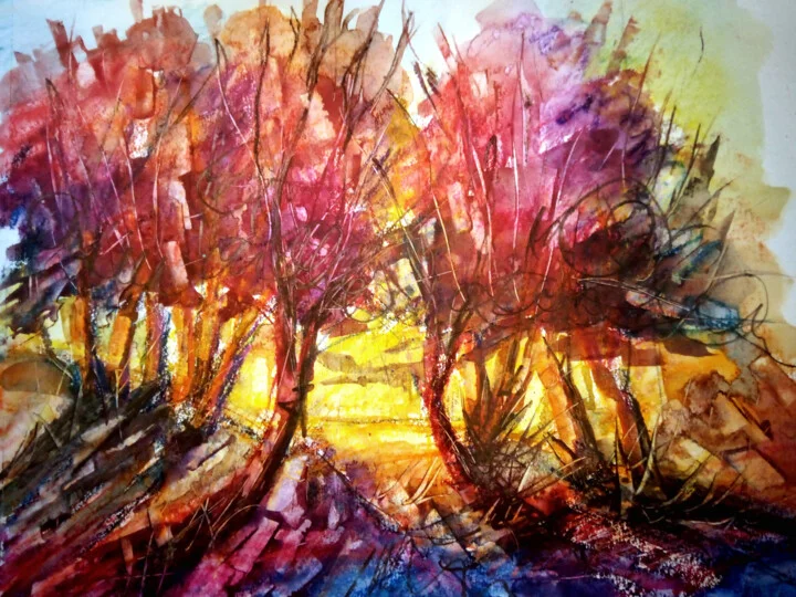 Click to view in high resolution Red and Yellow Abstract Forest Scene