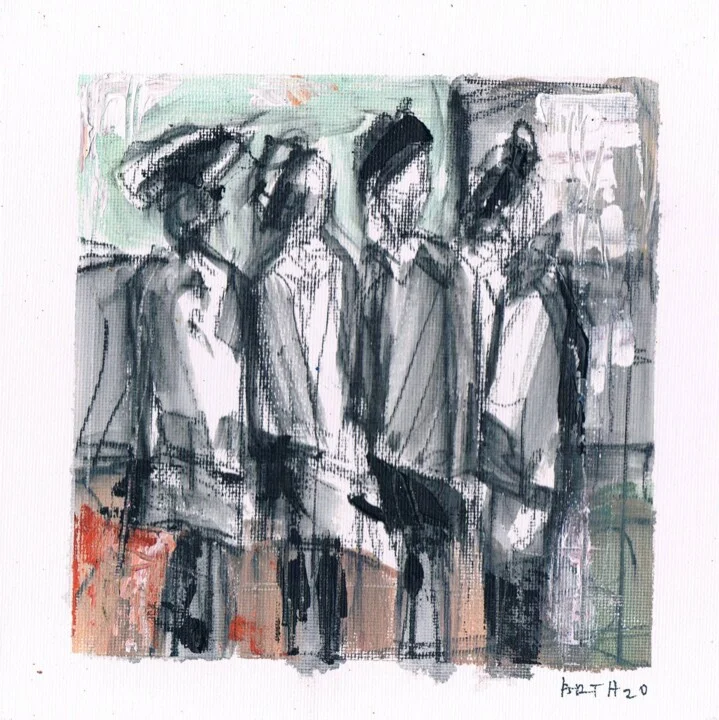 Click to view in high resolution Figurative Urban Shoppers in Charcoal and Mint