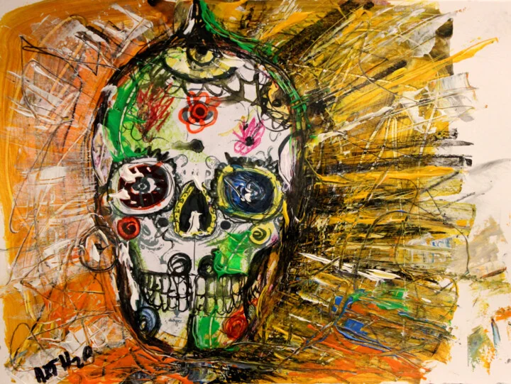 Click to view in high resolution Calavera Festiva in Marigold and Gold