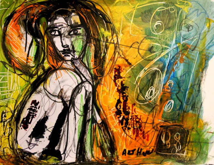 Click to view in high resolution Solitary Figure in Bold Ochre and Black