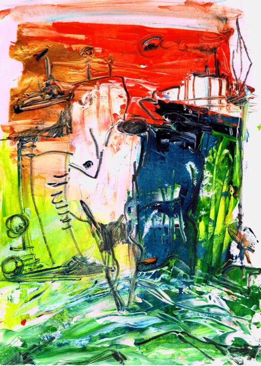 Click to view in high resolution Vibrant Harbor Scene in Green and Red