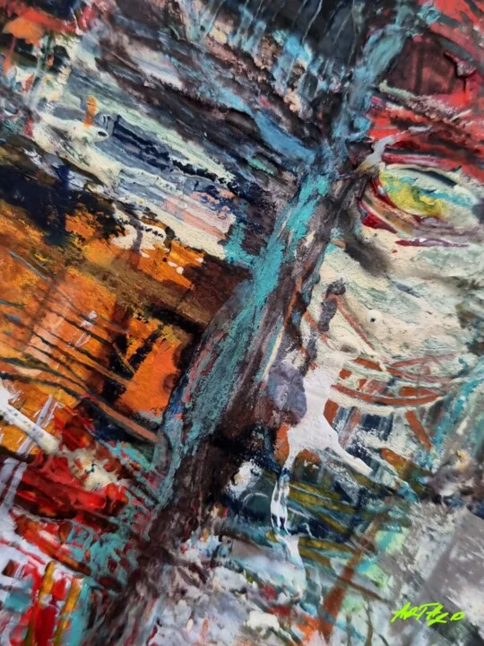 Click to view in high resolution Earthy Teal and Crimson Abstract Landscape