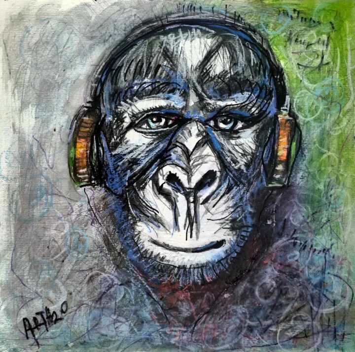 Click to view in high resolution Figurative Monkey with Headphones