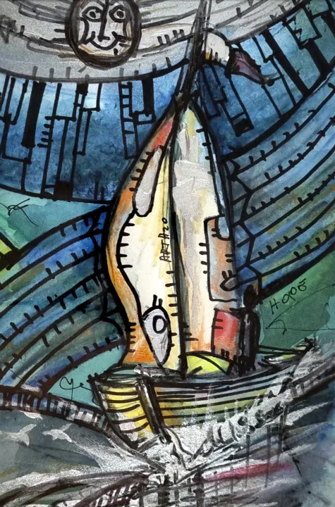 Click to view in high resolution Sailboat and Smiling Sun in Blue and Gold