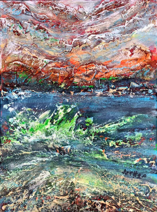 Click to view in high resolution Abstract Seascape in Deep Blues and Oranges