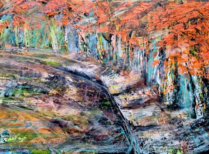 Click to view in high resolution Fiery Orange and Teal Abstract Landscape