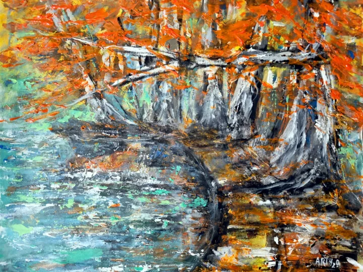 Click to view in high resolution Orange and Teal Trees by Water Painting