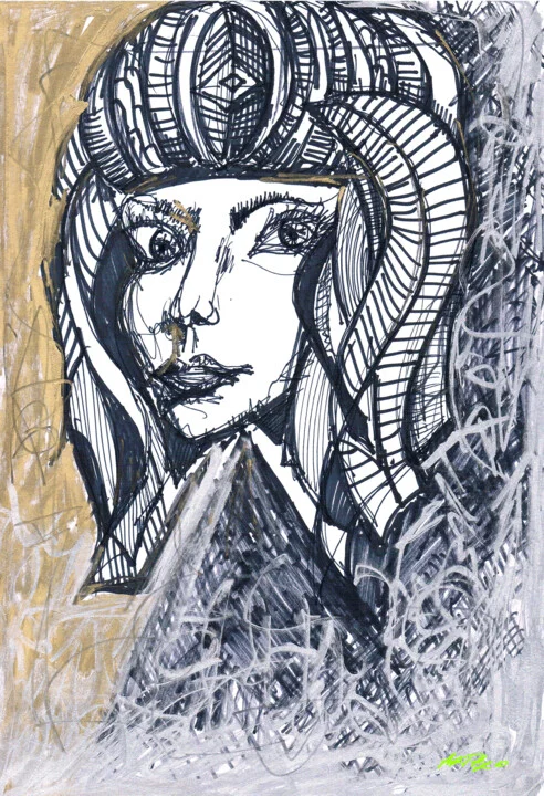 Click to view in high resolution Black Ink Portrait of a Girl in a Hat