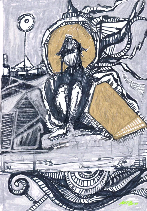 Click to view in high resolution Golden and Grey Introspective Figure Sketch