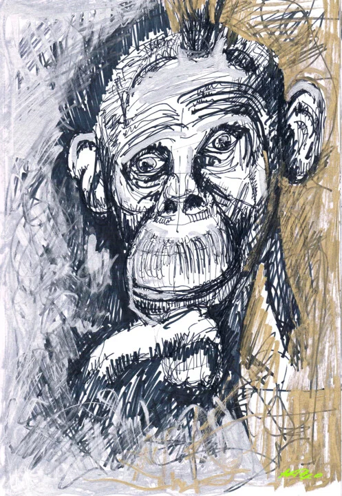 Click to view in high resolution Grey Ink Drawing of a Human-Like Monkey