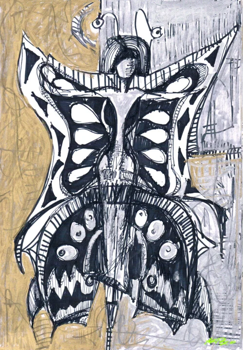 Click to view in high resolution Black and Gold Butterfly Ink Drawing