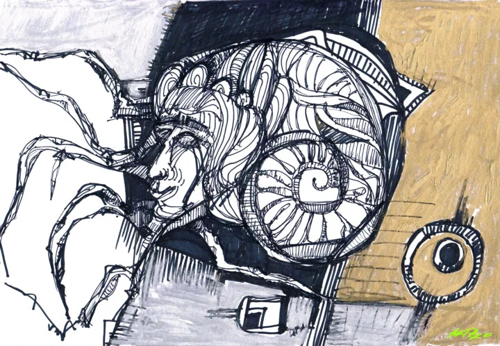 Click to view in high resolution Black Ink Snail Shell Drawing with Golden Touches