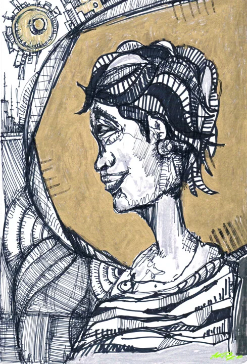 Click to view in high resolution Gold and Black Smiling Woman Portrait