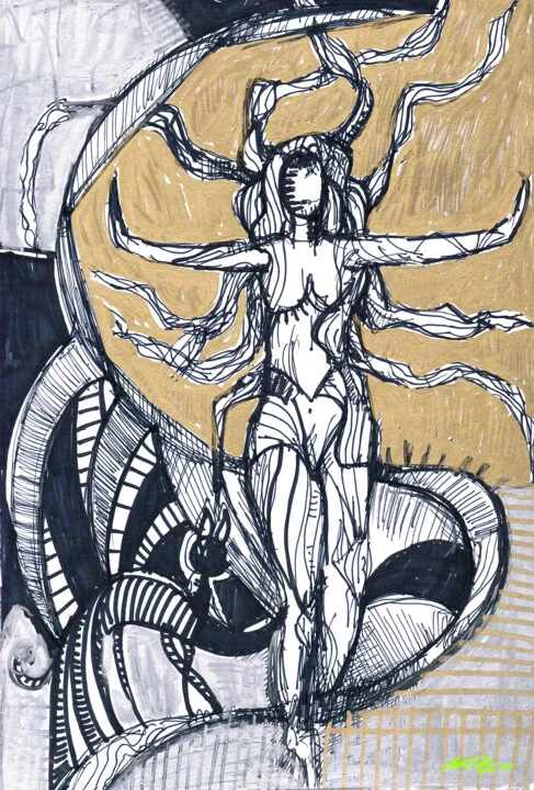 Click to view in high resolution Black and Gold Venus-Haired Girl Drawing