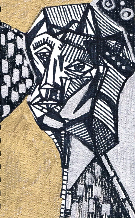 Click to view in high resolution Cubist Gold Face Drawing on Paper