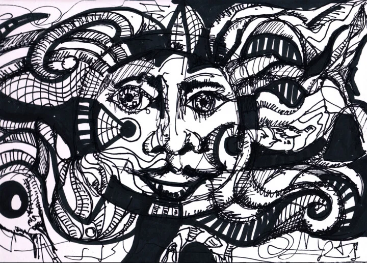 Click to view in high resolution Intricate Black Ink Portrait with Sun Faces