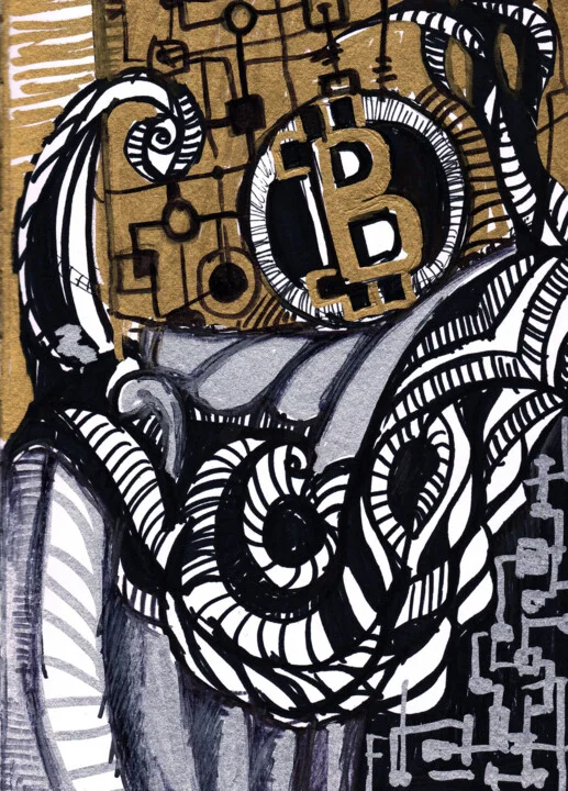 Click to view in high resolution Gold Bitcoin Drawing with Intricate Patterns