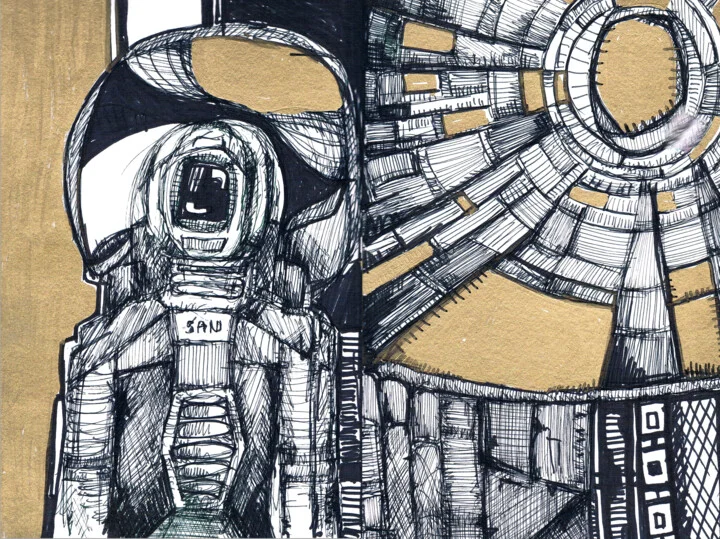 Click to view in high resolution Astronaut Drawing in Black and Gold Ink