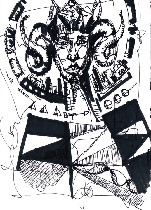 Click to view in high resolution Black Ink Drawing: Horned Figure in Chaos