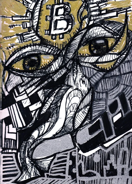 Click to view in high resolution Gold and Black Ink Drawing: Whales Eye